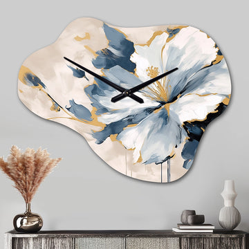 Blue White Hibiscus Tropical Harmony Flowers II - Asymmetric Metal Wall Clock
